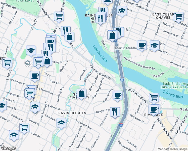 map of restaurants, bars, coffee shops, grocery stores, and more near 806 Rutherford Place in Austin