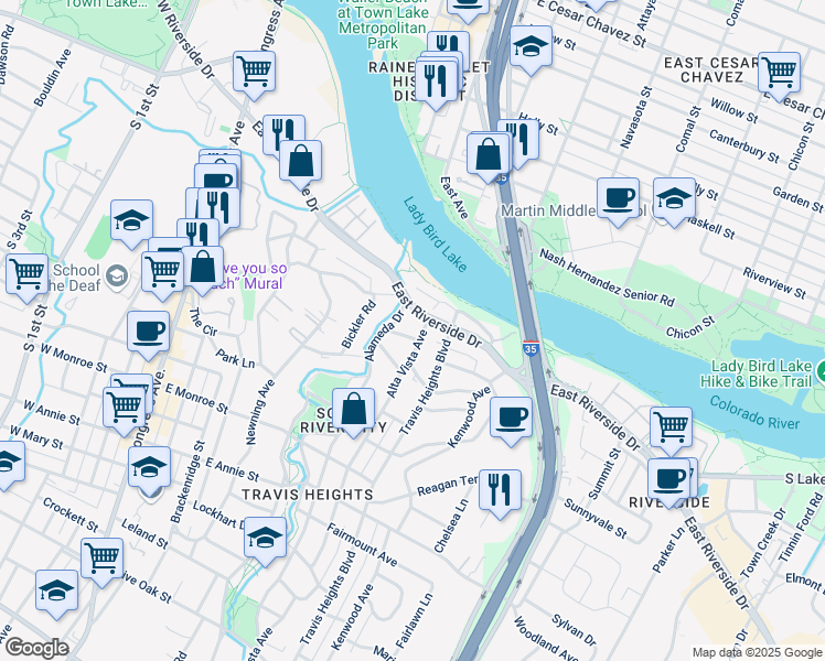 map of restaurants, bars, coffee shops, grocery stores, and more near 806 East Riverside Drive in Austin