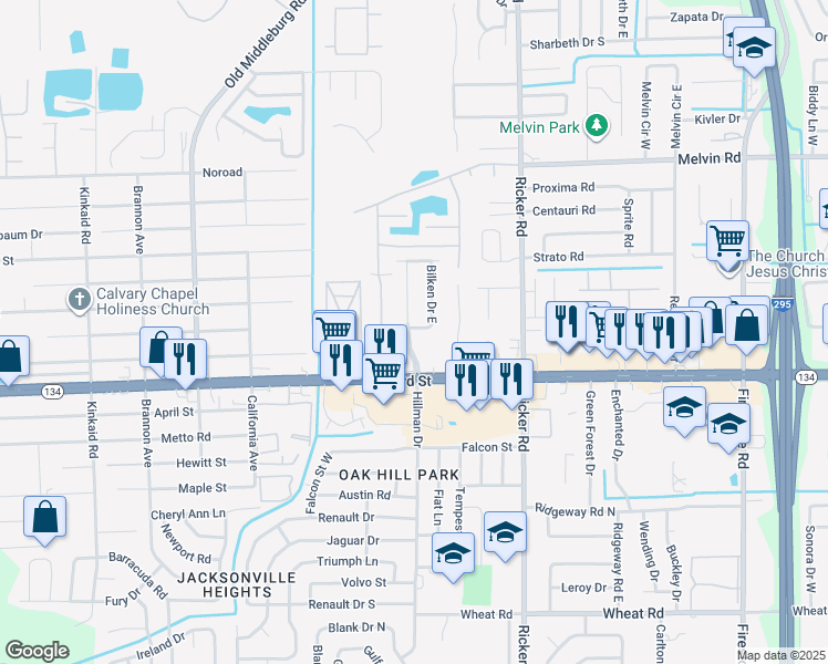 map of restaurants, bars, coffee shops, grocery stores, and more near 5128 Bilken Drive East in Jacksonville