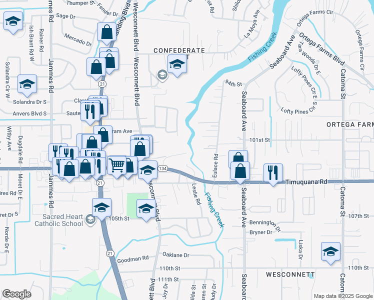 map of restaurants, bars, coffee shops, grocery stores, and more near 5174 Eulace Road in Jacksonville
