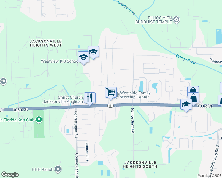 map of restaurants, bars, coffee shops, grocery stores, and more near 9777 103rd Street in Jacksonville
