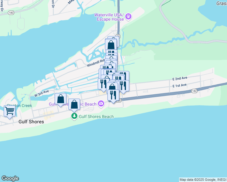 map of restaurants, bars, coffee shops, grocery stores, and more near 200 Gulf Shores Parkway in Gulf Shores