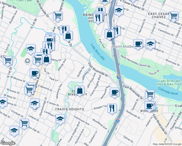 map of restaurants, bars, coffee shops, grocery stores, and more near 806 East Riverside Drive in Austin