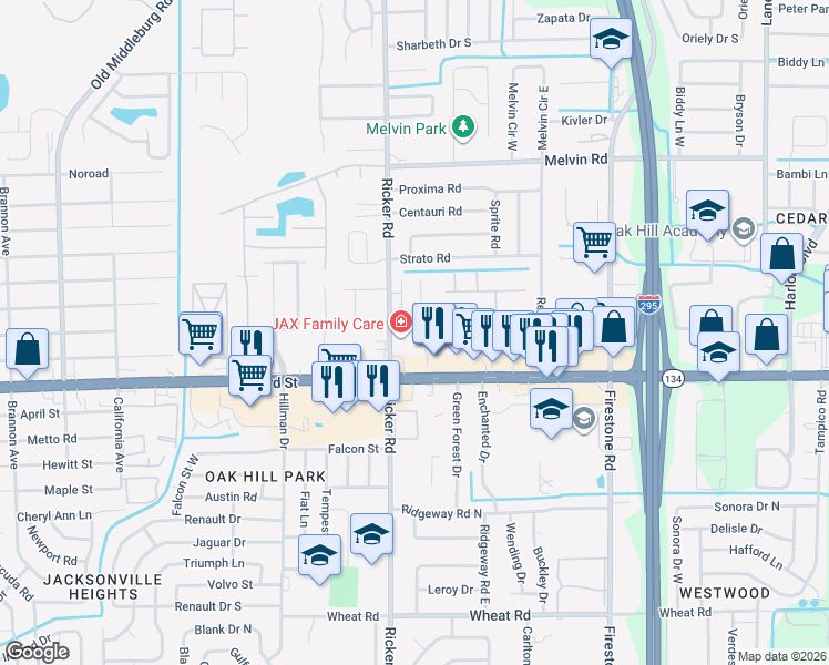 map of restaurants, bars, coffee shops, grocery stores, and more near 5135 Somerton Court in Jacksonville