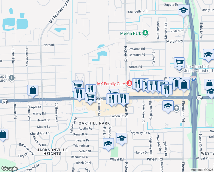 map of restaurants, bars, coffee shops, grocery stores, and more near 5131 Westchase Court in Jacksonville