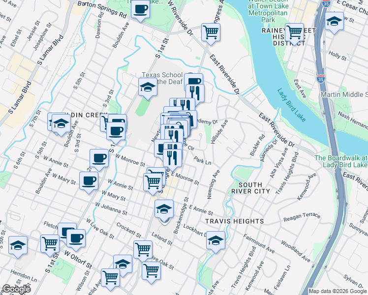 map of restaurants, bars, coffee shops, grocery stores, and more near 106 Gibson Street East in Austin