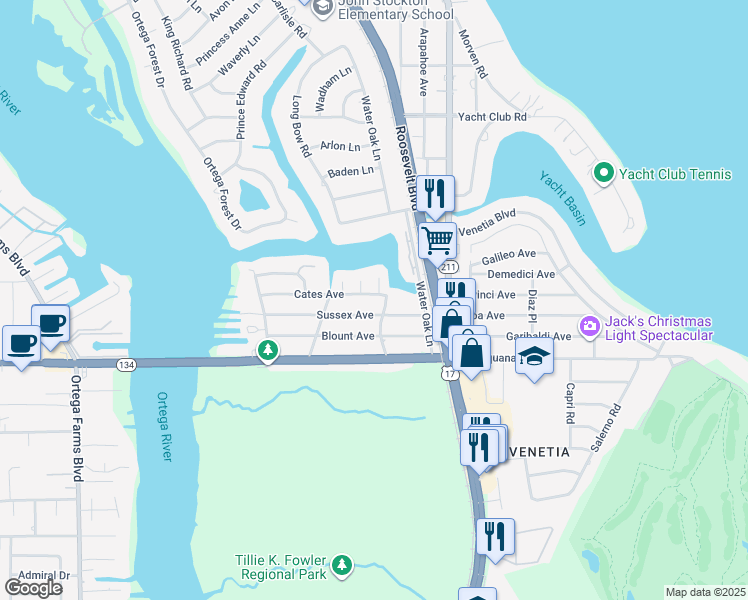 map of restaurants, bars, coffee shops, grocery stores, and more near 4614 Cates Avenue in Jacksonville