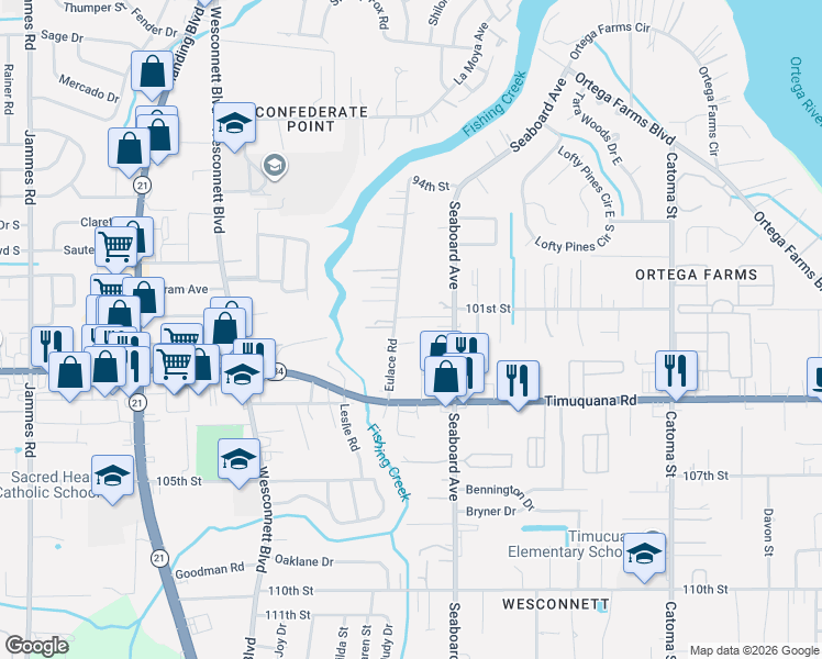 map of restaurants, bars, coffee shops, grocery stores, and more near 5173 Eulace Road in Jacksonville