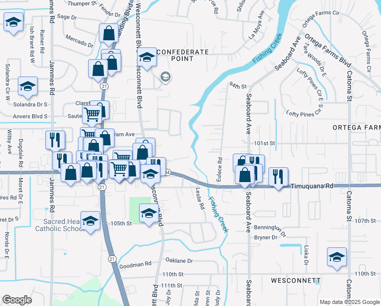 map of restaurants, bars, coffee shops, grocery stores, and more near 5174 Eulace Road in Jacksonville