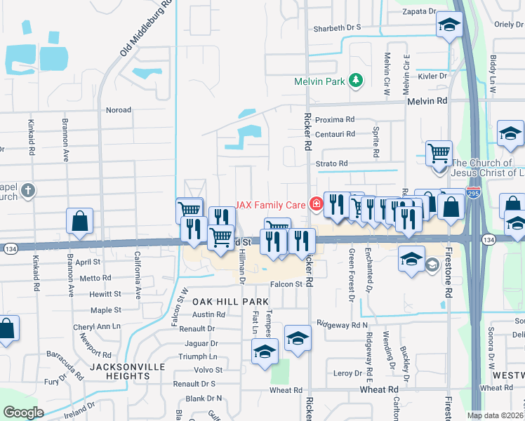 map of restaurants, bars, coffee shops, grocery stores, and more near 5131 Westchase Court in Jacksonville