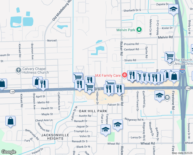 map of restaurants, bars, coffee shops, grocery stores, and more near 5128 Bilken Drive East in Jacksonville