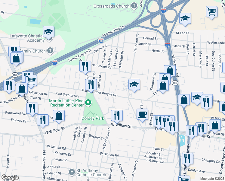map of restaurants, bars, coffee shops, grocery stores, and more near 815 Martin Luther King Junior Drive in Lafayette