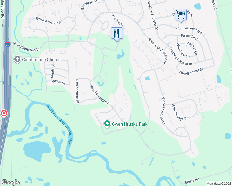 map of restaurants, bars, coffee shops, grocery stores, and more near 579 Brandon Road in Conroe