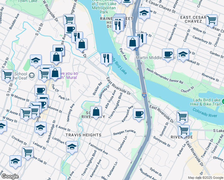 map of restaurants, bars, coffee shops, grocery stores, and more near 806 East Riverside Drive in Austin