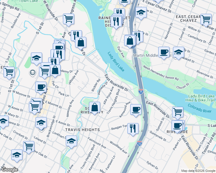 map of restaurants, bars, coffee shops, grocery stores, and more near 806 East Riverside Drive in Austin