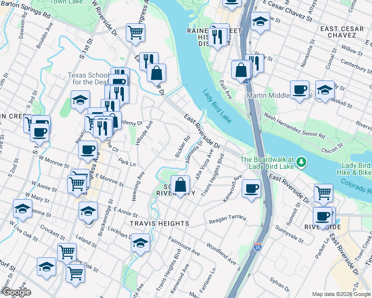 map of restaurants, bars, coffee shops, grocery stores, and more near 605 Academy Drive in Austin