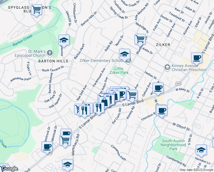 map of restaurants, bars, coffee shops, grocery stores, and more near 2116 Ann Arbor Avenue in Austin