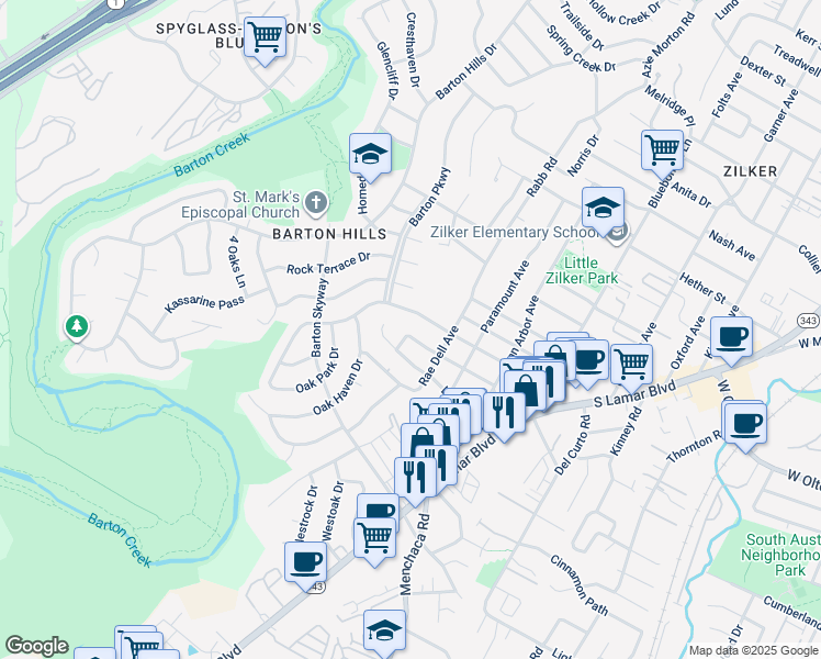 map of restaurants, bars, coffee shops, grocery stores, and more near 2402 Arpdale Street in Austin