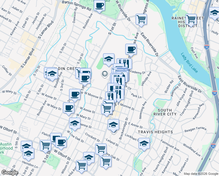map of restaurants, bars, coffee shops, grocery stores, and more near 104 West Gibson Street in Austin