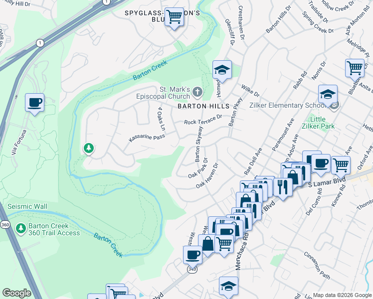 map of restaurants, bars, coffee shops, grocery stores, and more near 2900 Cedarview Drive in Austin