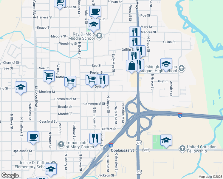 map of restaurants, bars, coffee shops, grocery stores, and more near 1016-1068 North Lincoln Street in Lake Charles