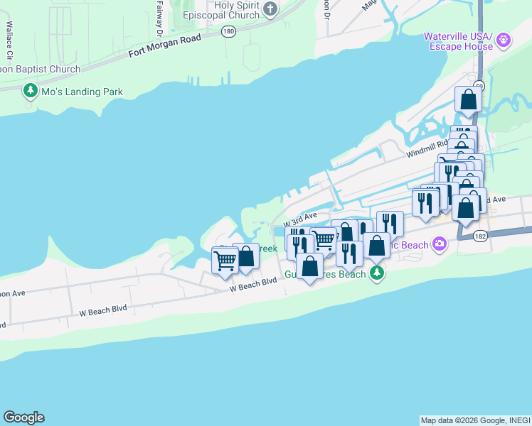 map of restaurants, bars, coffee shops, grocery stores, and more near 554 Windmill Ridge Road in Gulf Shores