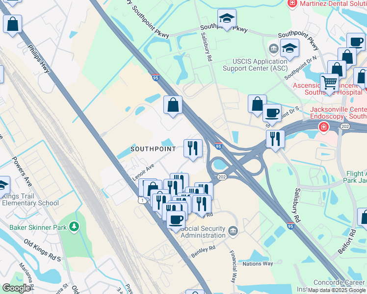 map of restaurants, bars, coffee shops, grocery stores, and more near 6961 Lenoir Avenue East in Jacksonville