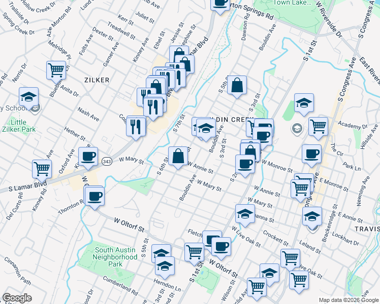 map of restaurants, bars, coffee shops, grocery stores, and more near in Austin
