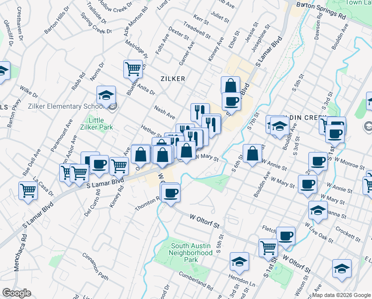 map of restaurants, bars, coffee shops, grocery stores, and more near 1708 South Lamar Boulevard in Austin