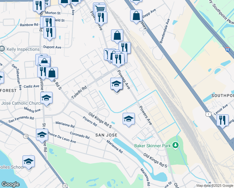 map of restaurants, bars, coffee shops, grocery stores, and more near 7000 Powers Avenue in Jacksonville