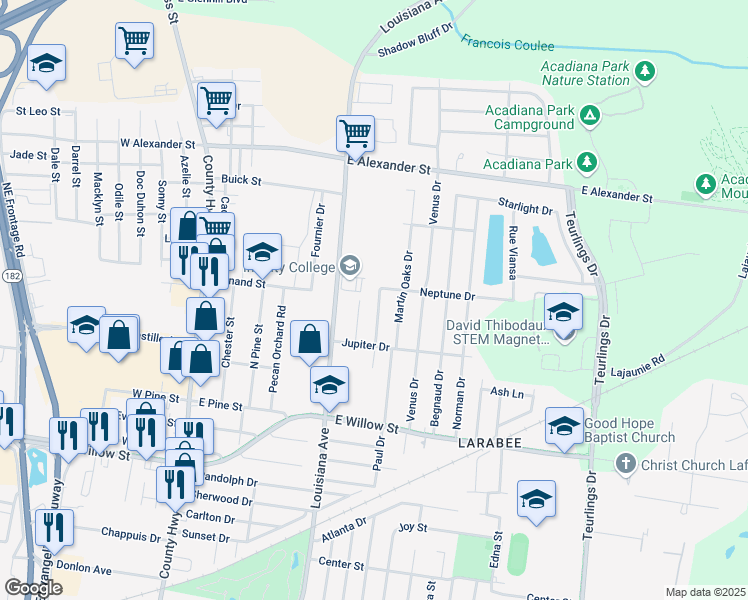 map of restaurants, bars, coffee shops, grocery stores, and more near 101-199 Neptune Drive in Lafayette