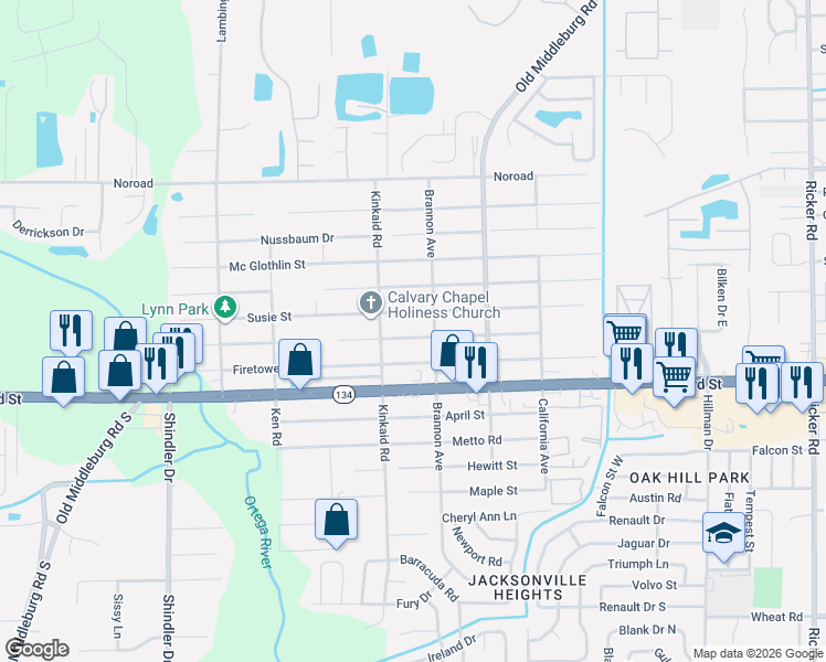 map of restaurants, bars, coffee shops, grocery stores, and more near 8338 Susie Street in Jacksonville