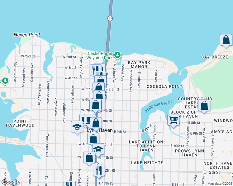 map of restaurants, bars, coffee shops, grocery stores, and more near 300-398 East 5th Street in Lynn Haven