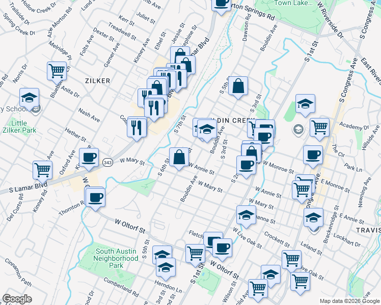 map of restaurants, bars, coffee shops, grocery stores, and more near in Austin