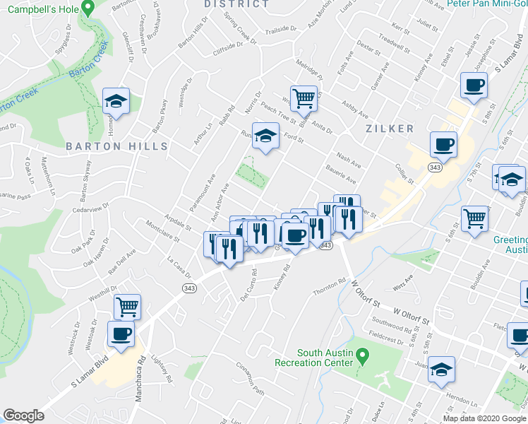 map of restaurants, bars, coffee shops, grocery stores, and more near 1906 Blue Crest Drive in Austin