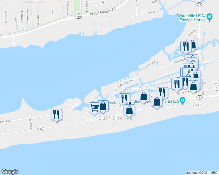 map of restaurants, bars, coffee shops, grocery stores, and more near 554 Windmill Ridge Road in Gulf Shores