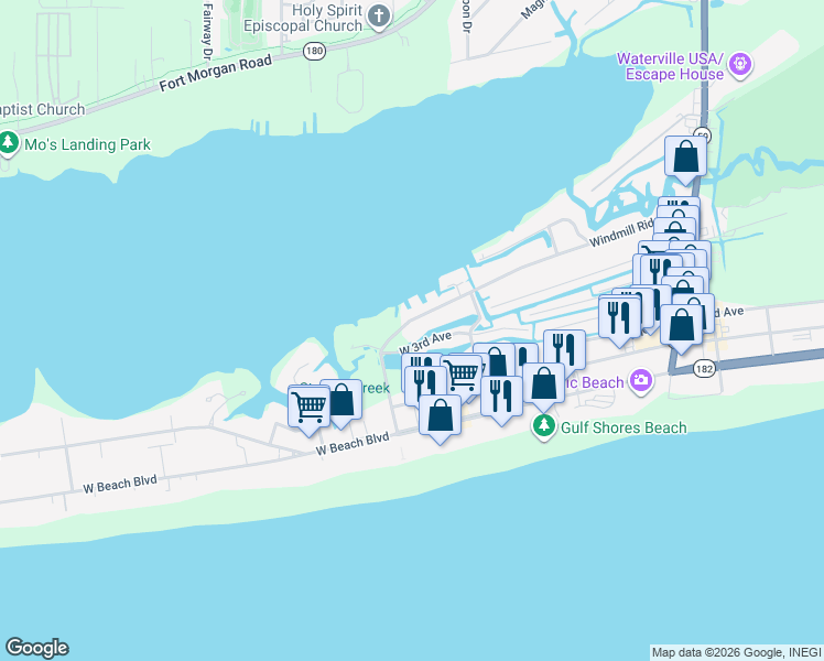 map of restaurants, bars, coffee shops, grocery stores, and more near in Gulf Shores