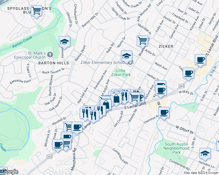 map of restaurants, bars, coffee shops, grocery stores, and more near 2012 Rabb Glen Street in Austin