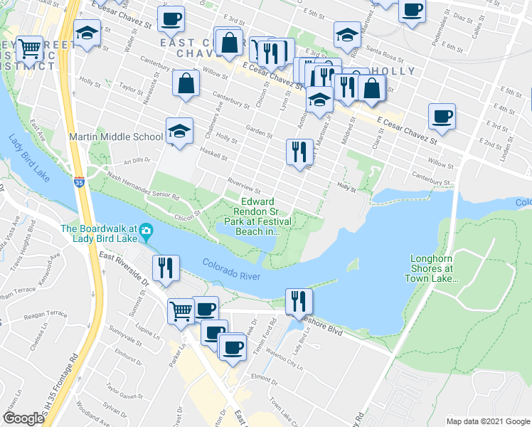 map of restaurants, bars, coffee shops, grocery stores, and more near Anthony St & Jesse E. Segovia St in Austin