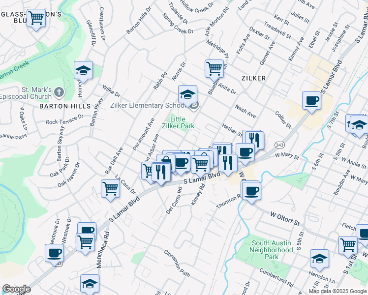 map of restaurants, bars, coffee shops, grocery stores, and more near 2525 South Lamar Boulevard in Austin