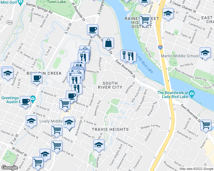 map of restaurants, bars, coffee shops, grocery stores, and more near 1310 Newning Avenue in Austin