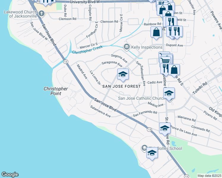 map of restaurants, bars, coffee shops, grocery stores, and more near 7008 Ponce De Leon Avenue in Jacksonville