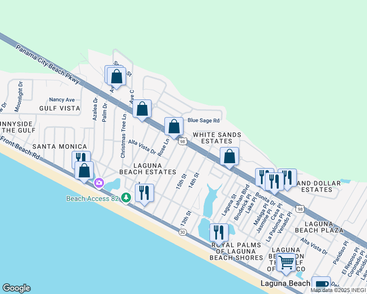 map of restaurants, bars, coffee shops, grocery stores, and more near 20303 Panama City Beach Parkway in Panama City Beach