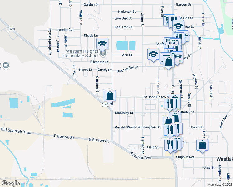 map of restaurants, bars, coffee shops, grocery stores, and more near 1322 Guillory Street in Westlake