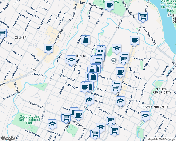 map of restaurants, bars, coffee shops, grocery stores, and more near 616 Monroe Street West in Austin