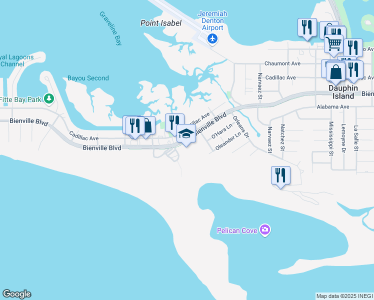 map of restaurants, bars, coffee shops, grocery stores, and more near 1501 Bienville Boulevard in Dauphin Island
