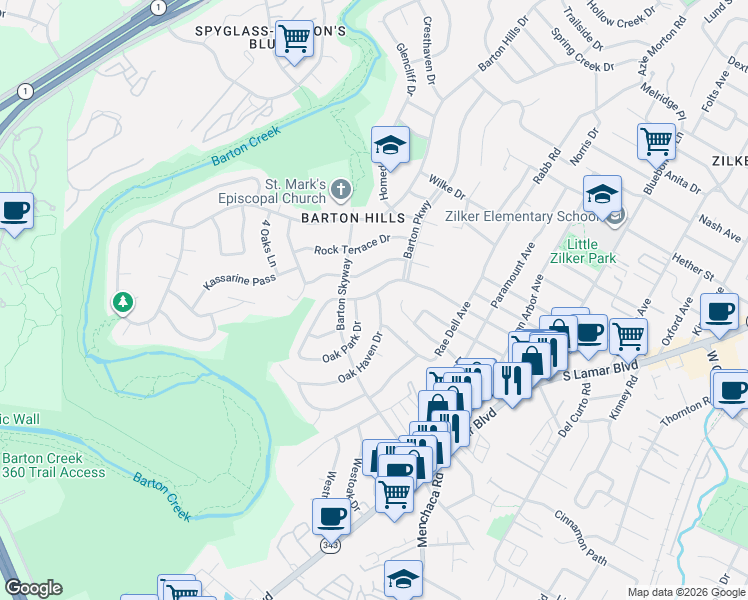 map of restaurants, bars, coffee shops, grocery stores, and more near 2600 Oak Haven Drive in Austin