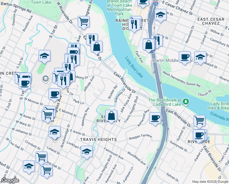 map of restaurants, bars, coffee shops, grocery stores, and more near 1213 Bickler Road in Austin