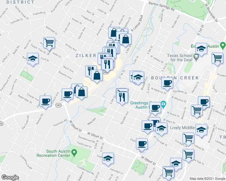 map of restaurants, bars, coffee shops, grocery stores, and more near 1106 Annie Street West in Austin