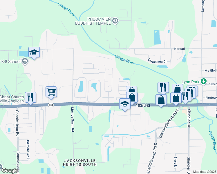 map of restaurants, bars, coffee shops, grocery stores, and more near East Vivian Drive in Jacksonville